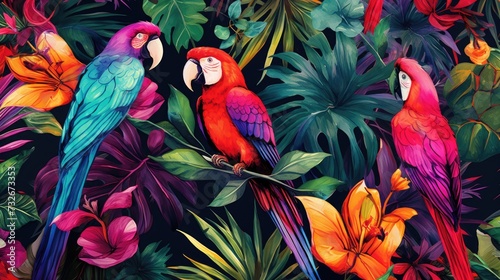 Colorful flower, leaf and parrot nature background. tropical pattern with jungle vegetation and exotic fauna in bright colors.  © Ilmi