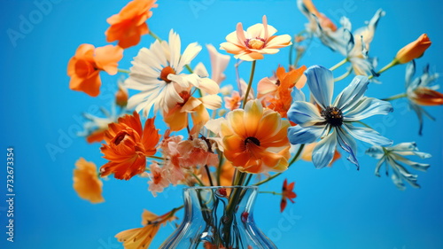 Bouquet of spring flowers in a vase on blue background