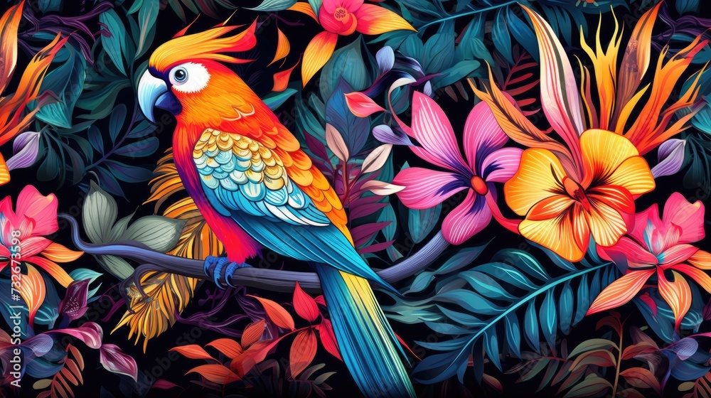 Fototapeta premium Colorful flower, leaf and parrot nature background. tropical pattern with jungle vegetation and exotic fauna in bright colors. 