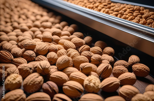 Conveyor belt walnuts isolated close up
