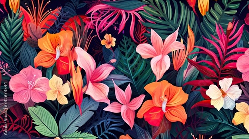 Colorful flower, leaf and parrot nature background. tropical pattern with jungle vegetation and exotic fauna in bright colors. 