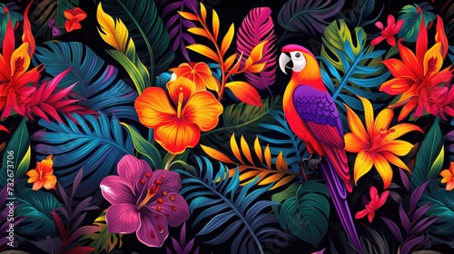 Colorful flower, leaf and parrot nature background. tropical pattern with jungle vegetation and exotic fauna in bright colors.  © Ilmi