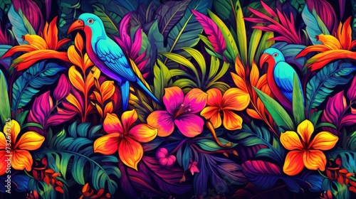 Colorful flower, leaf and parrot nature background. tropical pattern with jungle vegetation and exotic fauna in bright colors.  photo