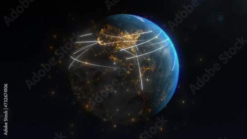 Animation visualizes concept of globally connected Earth, Americas, Europe, Asia, Oceania in night lights. Connection, information data transfer, trade paths, messaging, travel, satellites orbiting. 