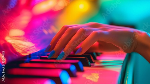 Female hands press the pianoforte or piano keys while playing a keyboard instrument