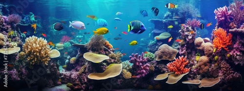 Tropical sea underwater fishes on coral reef. snorkel, diving. Aquarium oceanarium colorful marine panorama landscape nature. background wallpaper 