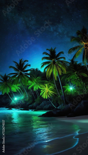 Tropical beach and night with neon stars