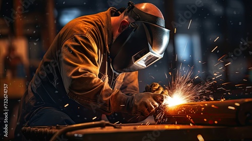 welder is welding metal , industry sparkle background. welder at work. welding machine to weld steel at factory