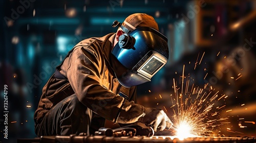 welder is welding metal , industry sparkle background. welder at work. welding machine to weld steel at factory