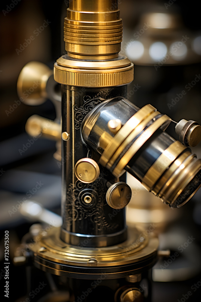 Superior view of a Vintage Microscope Eyepiece Reflecting Light in a Lab Setting