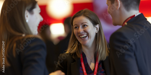 meeting within a company, networking at a reception, group of employees, businesswomen chatting at a networking event, sharing and chatting with a smile photo