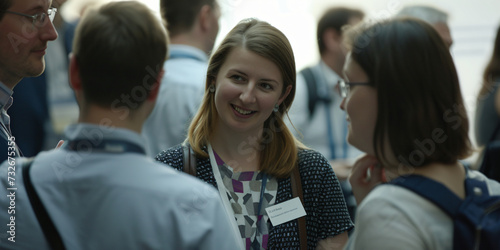 meeting within a company, networking at a reception, group of employees, businesswomen chatting at a networking event, sharing and chatting with a smile