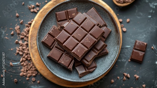 Closeup view of rich dark chocolate pieces on a modern rustic plate