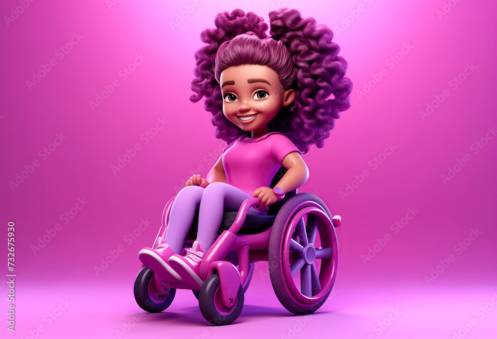 Fototapeta premium 3d illustration of smiling Animated Girl in a Stylish Pink Wheelchair on a Vibrant pink Purple Background