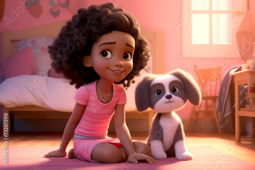 3D illustration of beautiful Animated Girl with a Cute Grey and White Puppy dog sitting in a Sunny Room