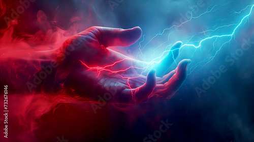 Mystical Energy Concept of Hand with electricity on red and blue light fog background