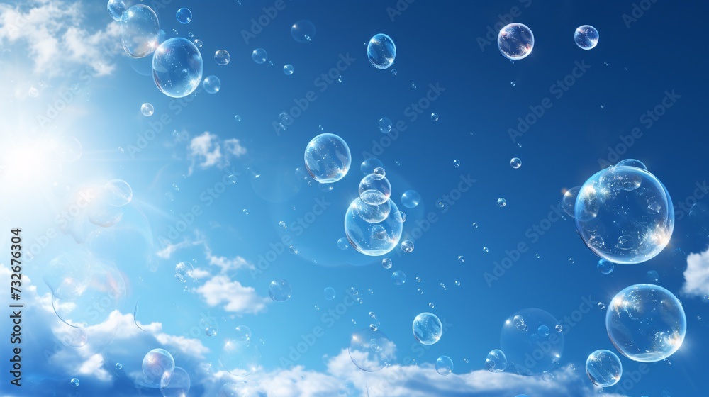 Soap bubbles float gracefully in the vast expanse of the sky, their shimmering spheres casting a spellbinding spectacle against the backdrop of blue. Drifting on gentle breezes, they rise and fall.