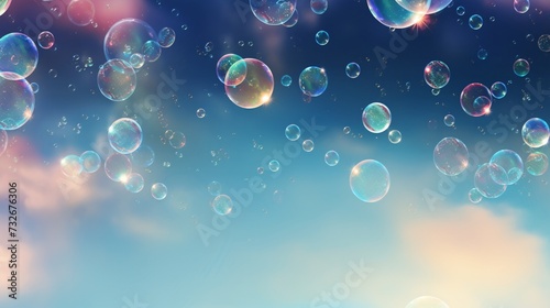 Soap bubbles float gracefully in the vast expanse of the sky, their shimmering spheres casting a spellbinding spectacle against the backdrop of blue. Drifting on gentle breezes, they rise and fall.