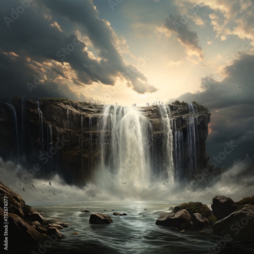 The waterfall falls from the sky in a magnificent cascade, a breathtaking display of nature's power and beauty. Suspended high above the earth, it appears as if the heavens themselves have opened. © peerapong