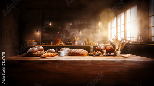 Rich of lovely bakery on wood table with light from window in brown color theme