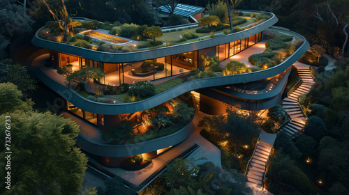 Eco friendly modern architecture at dusk, concept of modern residential.