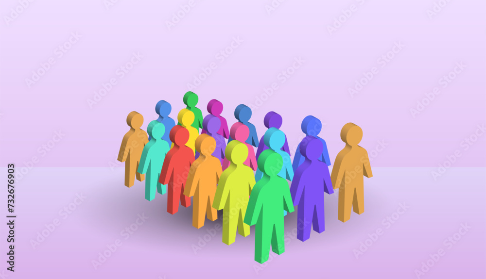 A colorful line of 3D figures of people on a light background. A vector image. A colorful line of 3D figures of people on a light background. A vector image.