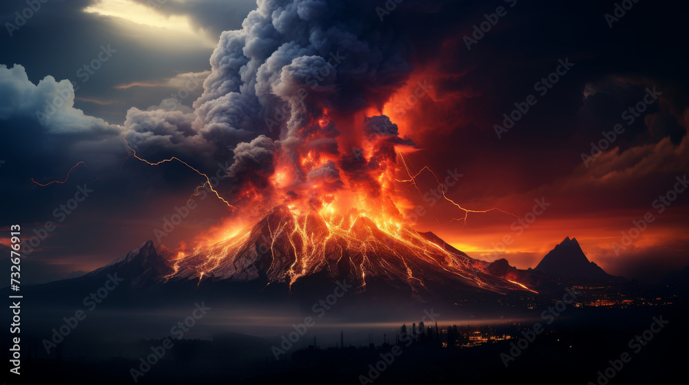 volcanic eruption in the night