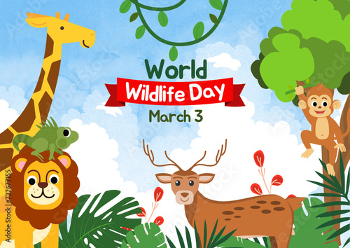 Fototapeta Naklejka Na Ścianę i Meble -  World Wildlife Day with animal in forest. Wildlife Animals with forest tree and plant. Flat vector illustration. Wild animal character
