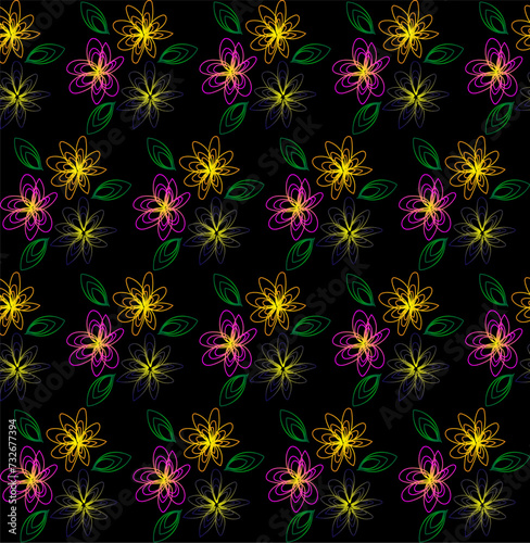 Floral pattern in the form of delicate multi-colored flowers on a black background