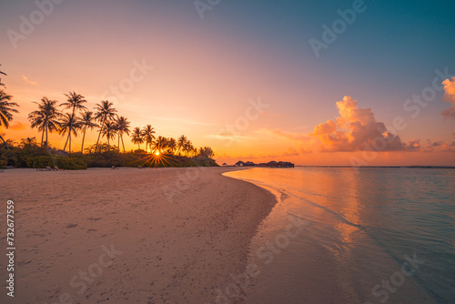 Tropical sea beach colorful sky sand sunset light sunrays. Relaxing landscape, horizon palm trees calm water. Romantic couple travel seaside tourism. Exotic shore coast nature. Tranquil summer island