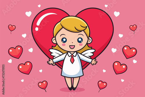 Happy valentine's day banner with cute cartoon girl character and love vector illustration