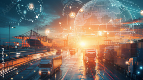 dynamic transportation and logistics concept  showcasing various modes of freight transport such as trucking and aviation  integrated with digital connectivity and global networking.