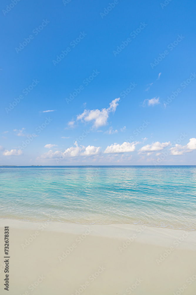 Calm sea and white sand on beach. Minimal summer wallpaper background with copy space. Mediterranean tropical beach landscape. Pastel soft colorful sunny sky, seaside view. Blue seascape landscape