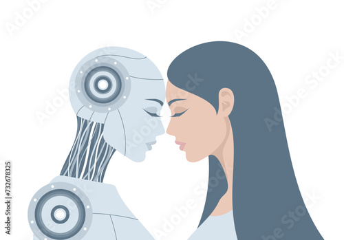 Female humanoid robot and human woman standing together, leaning their foreheads against each other, isolated on a white background. Flat vector illustration