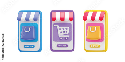 online shopping concept on mobile app shopping cart icon vector illustration set