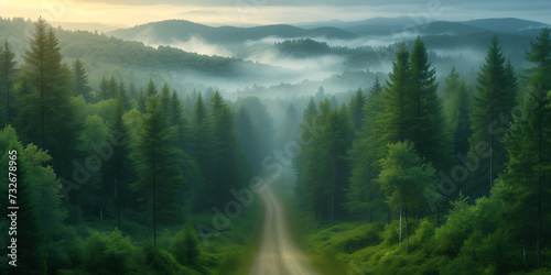 aerial view of foggy mountain coniferous forest with dirt road