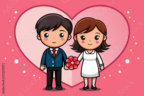 Happy valentine's day banner with cute cartoon couple character and love vector illustration © Nurjen