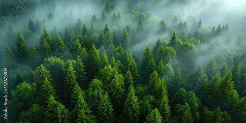aerial view of foggy coniferous forest