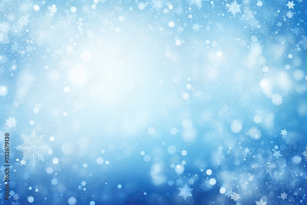 Mesmerizing Blue Snowy Background with Defocused Bokeh Effect and Shimmering Snow Flakes for Design