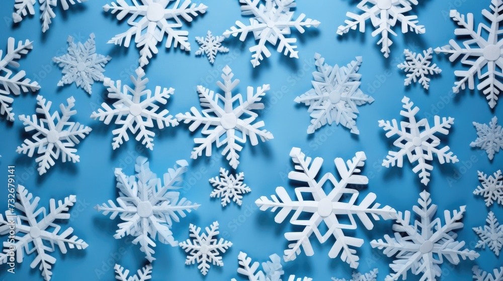 Group of Hand-Made Paper Snowflakes for Ornament Decor on Blue Seasonal Background Group of Hand-Made Paper Snowflakes for Ornament Decor on Blue Seasonal Background