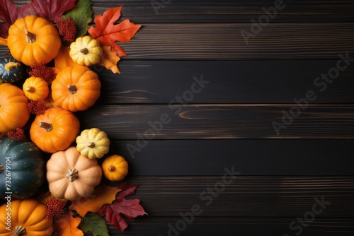 Happy Thanksgiving Greeting card with Colorful Pumpkins, Squash and Leaves in Autumn Banner