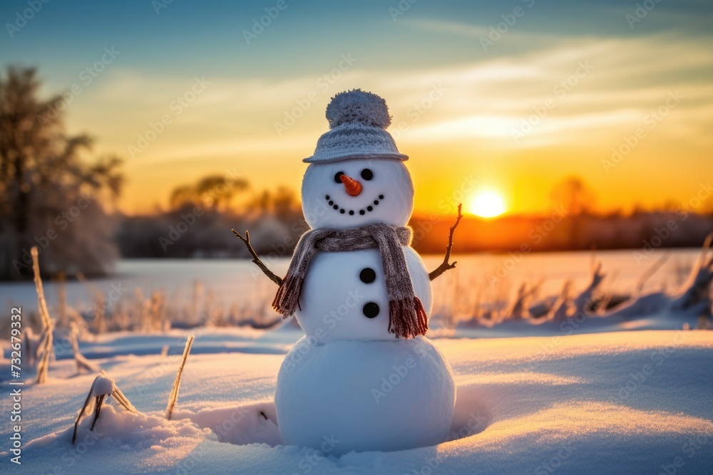 Obraz premium Snowman in Winter Wonderland During Sunset with Orange Sky Background