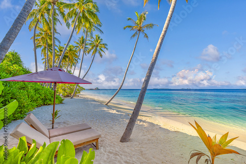 Summer lifestyle leisure chairs umbrella on tropical island beach. Tourism vacation couple destination at seaside sunny serene sky, tranquil sea sand. Exotic luxury travel landscape. Amazing tropics