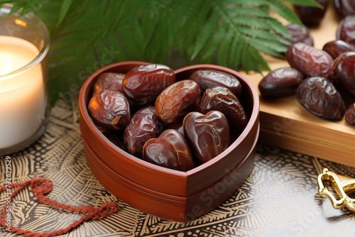 a heart-shaped bowl of dates next to a candle