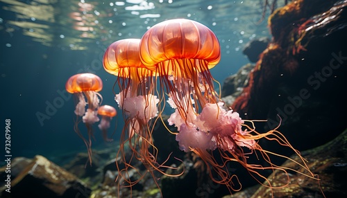 jellyfish in the sea. jellyfish in the water. Cnidarians. medusa. tentacles and stinging cells. Planktonic animals inside the ocean © Divid
