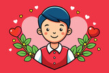 Happy valentine's day banner with cute cartoon boy character and love vector illustration
