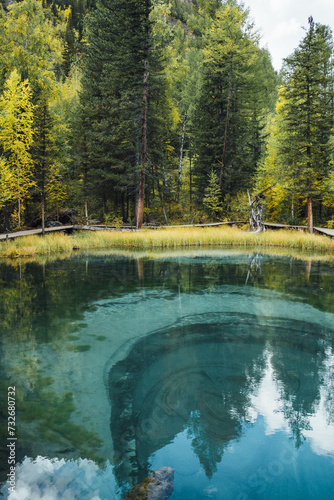 A tranquil forest scene with vibrant autumn colors reflected in the crystal-clear waters of a serene mountain pond  surrounded by evergreens and the soft hues of early fall. Geyser turquoise lake in