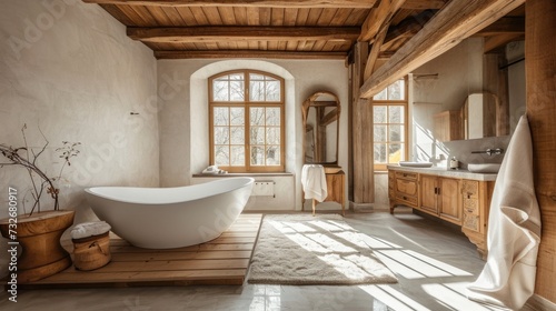 Minimalist Wooden Bedroom and Bathroom Design with Freestanding Bathtub and Resin Floor © AIGen