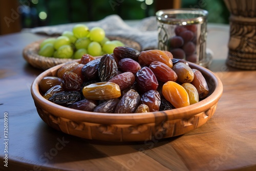 bowl of different types of dates on a table, Ramadan meal and Ramzan iftar food