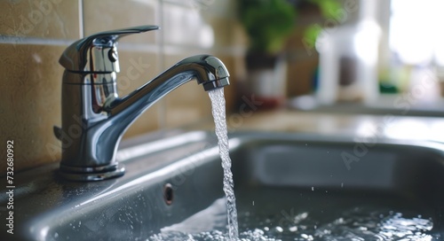 Clean Flow: Bathroom Sink Faucet with Running Water, Macro Closeup